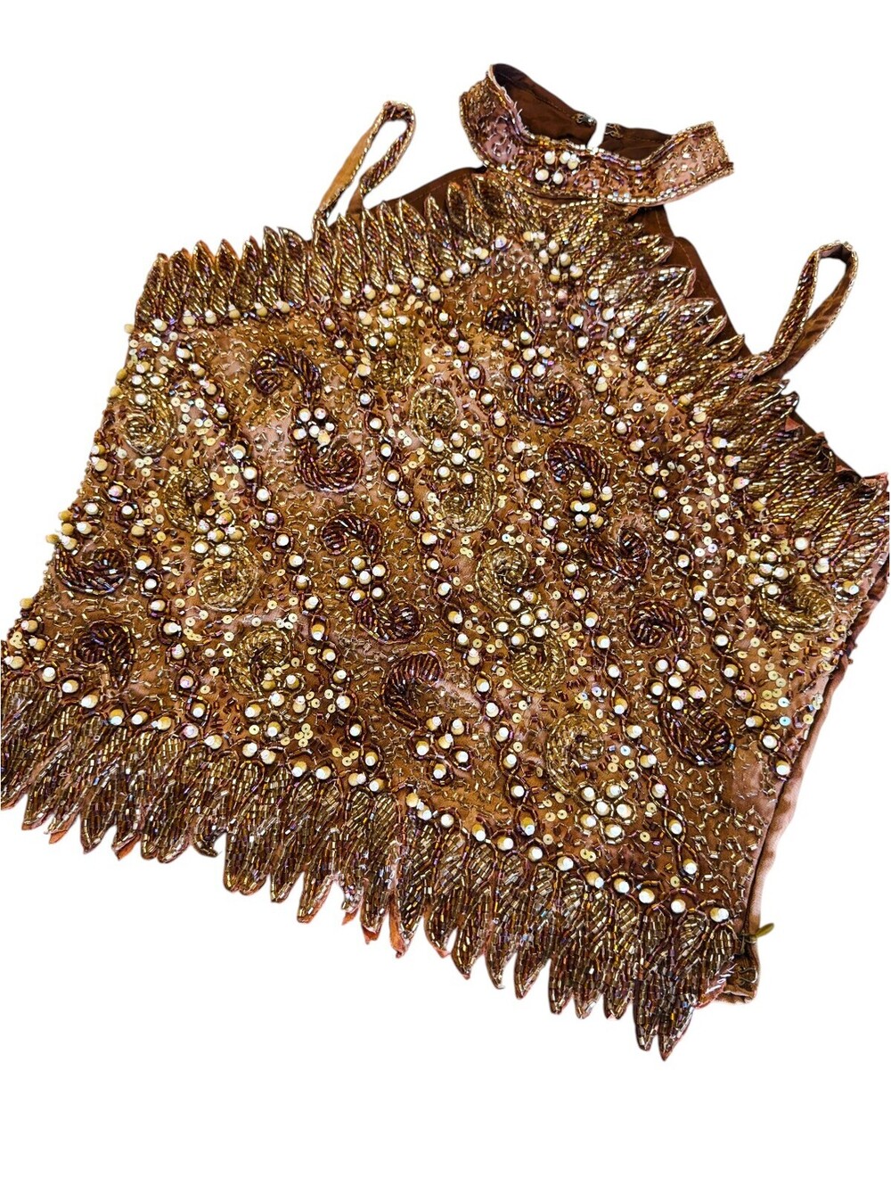 VINTAGE BRONZE HEAVILY BEADED HALTER TOP
